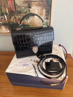 Aspinal of London Mayfair Black Croc-Embossed Top-Handle Bag